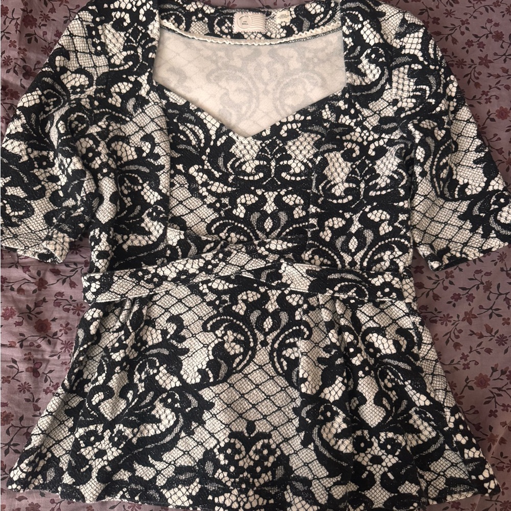 Anthropologie Black and White Lace-Print Peplum Blouse